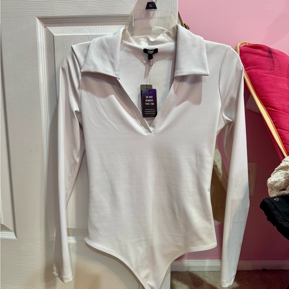 Express Cream Polo Collar Fitted Bodysuit